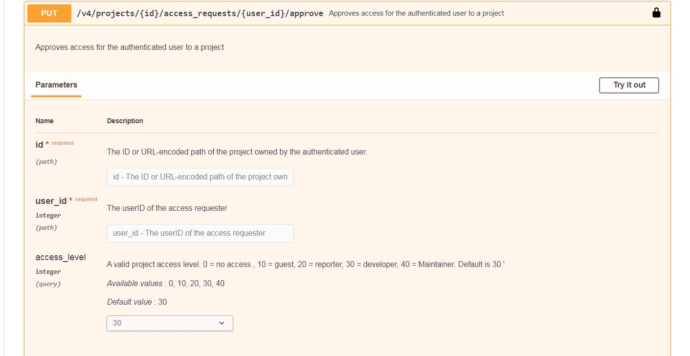 An expanded view that displays the endpoint information and the try it out option.