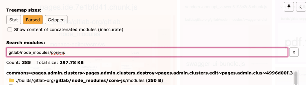 A list of core-js polyfills being loaded, including their count and total size, filtered by the Search modules field