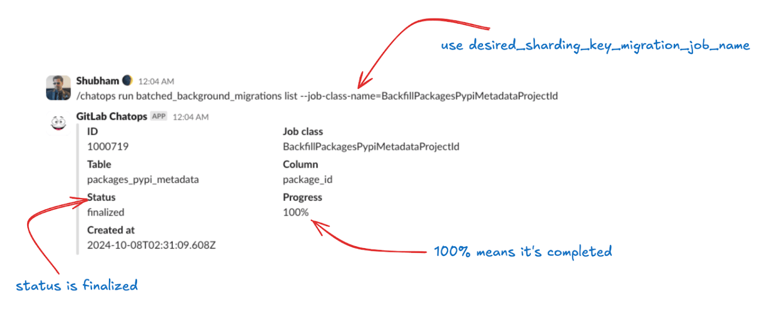 Chatops response showing batched background migration status with progress percentage and batch counts.
